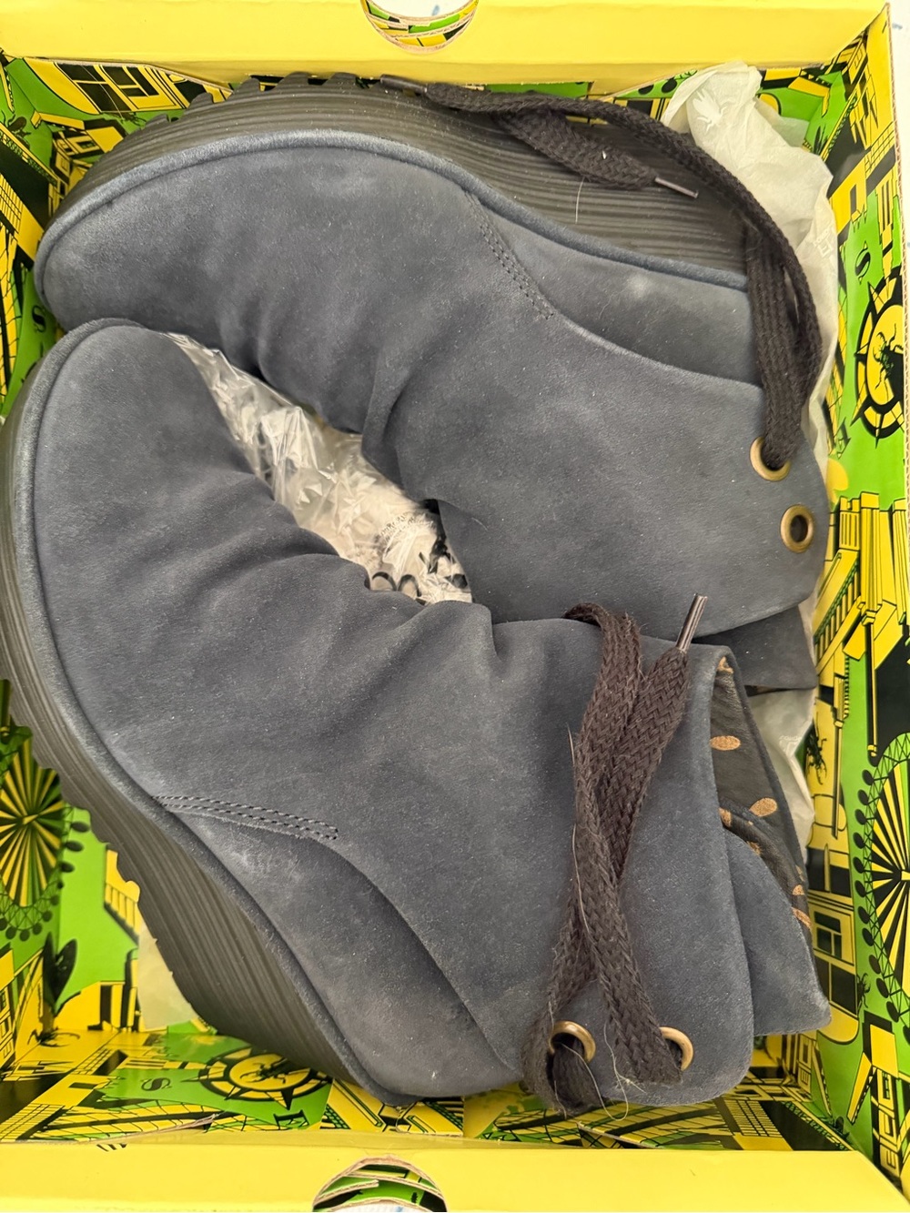 NWT Fly London Navy Suede Lace-Up Wedge Ankle Boots